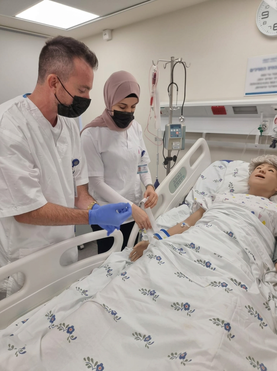 הדרכה קלינית ליד מיטת מטופל עם סטודנטית לסיעוד